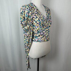 Floral Puff Sleeve Wrap Top Small Coquette Vacation Tropical Crop Long Sleeve